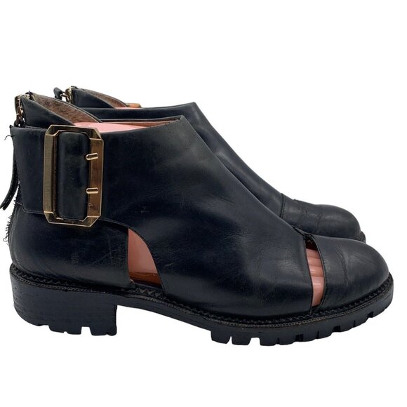 Jeffrey Campbell Flamel Cut Out Ankle Boots Women’s 7.5 Black Leather Chunky Hee - Picture 1 of 15